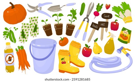 Set of garden tools for planting seedlings. Growing organic products. Farm vegetables and fruits. Agricultural work. Vector illustration isolated on transparent background.