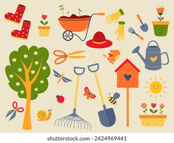 Conjunto de herramientas de jardín y plantas. Colección de herramientas de jardín casero.