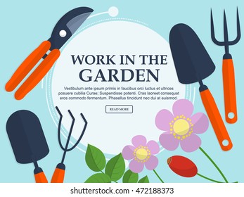 Set of garden tools and plants on a light background with place for your text. Vector illustration