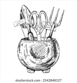 A set of garden tools in a pot by black inks in linear style. Rake, shovel, scissors and index signs. Equipment of florist and an agronomist for cultivating, farm, plant and flower. Vector clip art