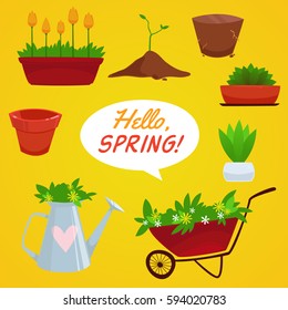 Set of garden tools, pot, ground, watering can, cart, tulip, flower. Cute cartoon style. Vector illustration.