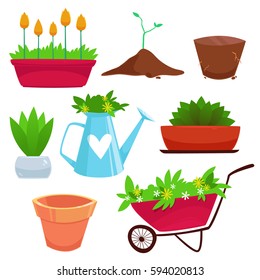 Set of garden tools, pot, ground, watering can, cart, tulip, flower. Cute cartoon style. Vector illustration.