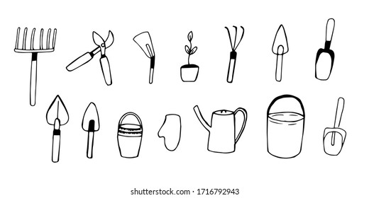 Set of garden tools, pruner, hoe, rake, shovel, watering can, bucket, glove and seedlings, vector illustration, hand drawing