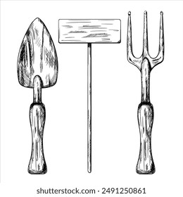 A set of garden tools rake, shovel and index plate. Equipment of a florist and an agronomist for cultivating land, care of the farm. Vector illustration in line art style on isolated background