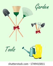 A set of garden tools represented as bouquets with nice red bows.  Vector image.