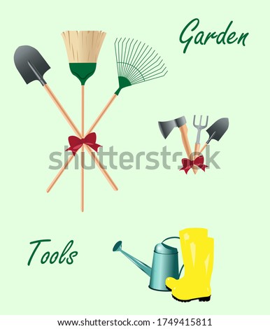 A set of garden tools represented as bouquets with nice red bows.  Vector image.