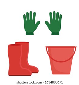 Set of garden tools. Rubber boots, gloves and a bucket. Stock vector illustration for decoration and design, web pages, packaging, fabrics, postcards, posters, banners, textiles and more