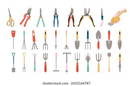 Set of garden tools. Scissors, pruner, shovel, rake, pitchfork. Hand drawn vector illustration.