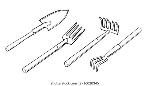 Set of garden tools shovel fork rake and hand cultivator in black and white outline drawing isolated on white background