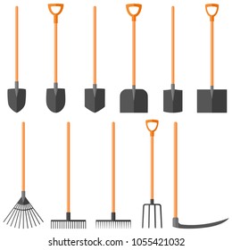 Set of garden tools (shovel, rake, fork, scythe), vector illustration