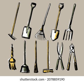 A set of garden tools. Shovel rake pitchfork broom and scissors. Illustration in the style of a careless sketch.