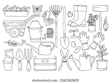 Conjunto de herramientas de jardín, pala, rastrillo, sicador, carretilla, lata de riego, botas de goma y guantes, plántulas en macetas de flores, cubeta, caja, insectos. Doodles dibujados a mano, vector. Línea negra. 