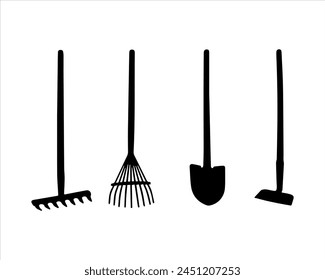 Set of garden tools shovel, rake, hoe and leaf rake silhouette vector on white background.