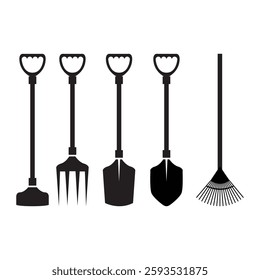 Set of garden tools shovel, rake, hoe and leaf rake silhouette icon vector illustration design