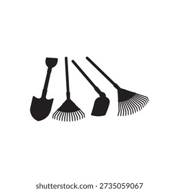 Set of garden tools shovel  rake  hoe and leaf rake silhouette vector on white background.