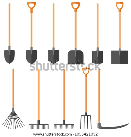 Set of garden tools (shovel, rake, fork, scythe), vector illustration