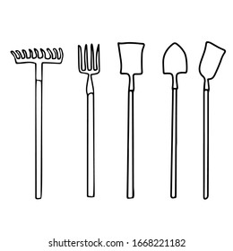 Set of garden tools: shovels, rake pitchfork. Vector illustration in doodle style. Black and white gardening tool.