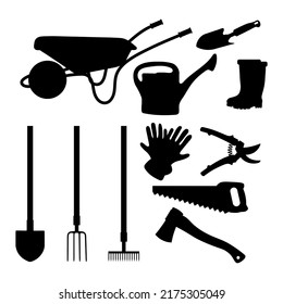 Set of garden tools silhouettes icons. Vector illustration.