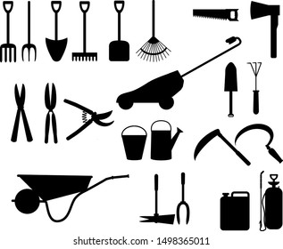 set of garden tools silhouettes, vector isolated