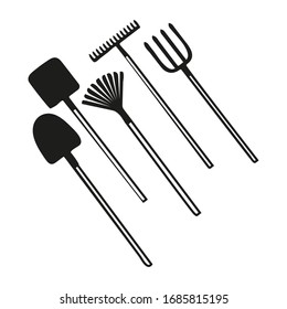 Set of garden tools: spade, rakes, pitchforks, shovels. Collection of agriculture instruments isolated on white background. Work with soil farm equipment. Vector illustration in doodle style