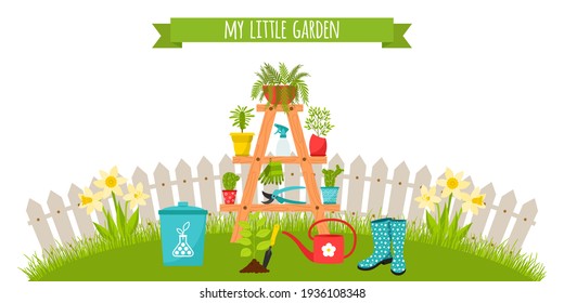 A set of garden tools, a stand for flowers with planters. on the background of the lawn and fence. Fertilizer, seedlings, rubber boots. Horizontal banner. Vector illustration in flat style