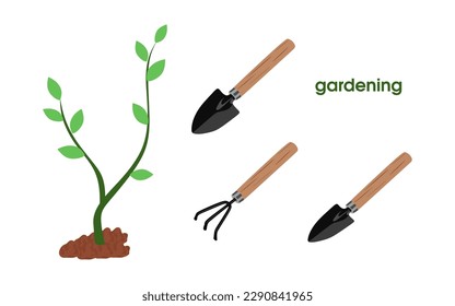 Set von Gartenwerkzeugen, drei Artikel. Gartenbauer, Gartenschaufel mit Holzgriff. Pflanzsaison im Garten. Einzelne flache Vektorgrafik