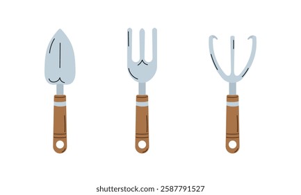 Set of garden tools in vector flat style. Isolated on white background. Collection of gardening little spade, fork and rake.