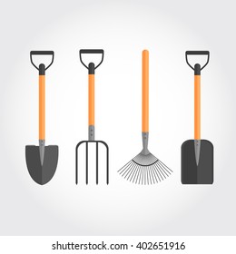 Set of garden tools. Vector illustration. Flat design. Shovels, pitchfork, rake  