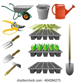 Set of garden tools. Vector illustration of various gardening tools and items. 