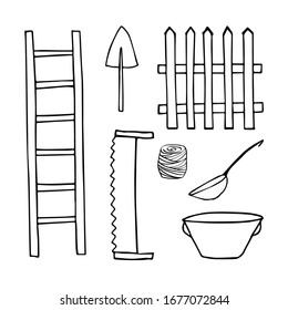 Set of garden tools. Vector isolated outline elements for design. Bowl, rope, ladle, ladder, hacksaw, fence, scoop. Doodle style.