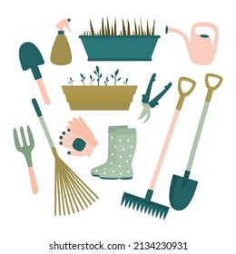 Set of garden tools.  Vector isolated gardening elements.  Cute spring icon set