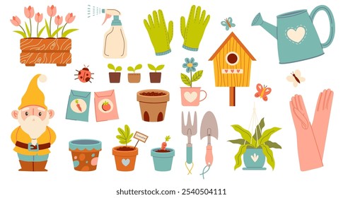 Conjunto de herramientas de jardín. Vector aislado lindo jardín de primavera Elementos macetas de arcilla, flores, semillas, herramienta de jardineros. Herramientas agrícolas y de jardinería para trabajos de primavera. Vector aislado en blanco