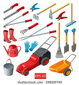 Set of garden tools. Vector isometric 3d illustration.