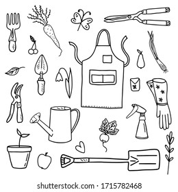 Set of garden tools, vegetables, fruits on a white background. Black and white vector set of various elements for gardening. Isolated objects for your design.