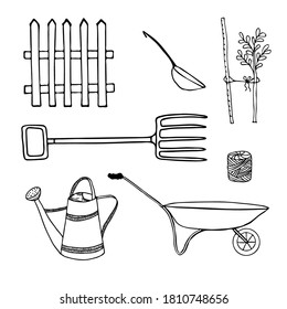 Conjunto de herramientas de jardín. Cubierta de riego, carros de jardín, cuchara, planta con soporte, valla, tenedor, cuerda. Elementos del doodle vectorial.