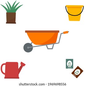 Set of garden tools. Watering can, plants, garden wheelbarrow and bucket. Vector in flat style.