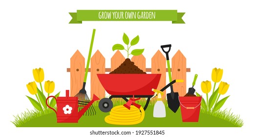 A set of garden tools, a wheelbarrow with seedlings on the background of a lawn with tulips and a fence. Bucket, watering can, hose. Horizontal banner. Vector illustration in a flat cartoon style