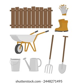 Set of garden tools. Wooden fence, wheelbarrow, bucket, watering can, shovel, pitchfork, gloves and boots. Vector illustration