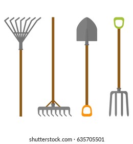 Set of garden tools for working in garden in farm. Flat vector cartoon illustration. Objects isolated on a white background.