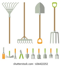 Set of garden tools for working in garden in farm. Flat vector cartoon illustration. Objects isolated on a white background.