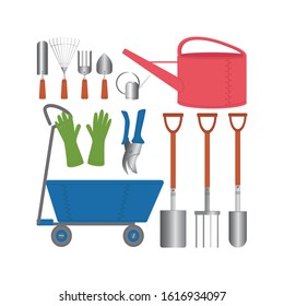 Set of garden tools for working in the garden and vegetable garden for cultivation and planting. For transplanting indoor plants and flowers. Flat vector illustration 