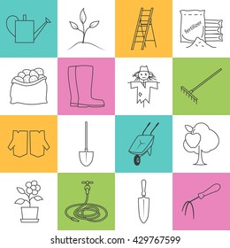 Set of Garden Tools,Colorful Line Icons Gardening Equipment ,  Agricultural Tool , Vector Illustration