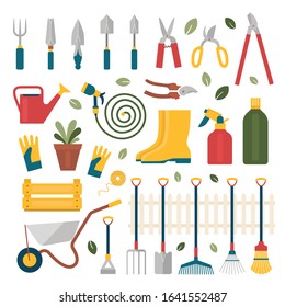 A set of garden tools.Rake, shovel, wheelbarrow, watering can, hose, drawer, etc.Isolated vector objects on a white background.Flat illustration