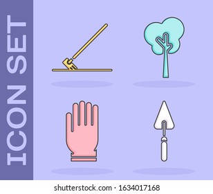 Set Garden trowel spade or shovel, Garden rake in work, Garden gloves and Tree icon. Vector