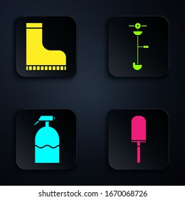 Set Garden trowel spade or shovel, Waterproof rubber boot, Garden sprayer and Grass and weed electric string trimmer. Black square button. Vector
