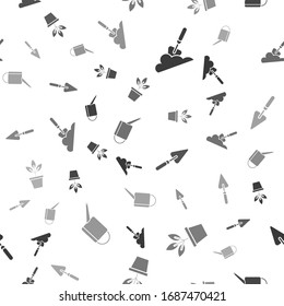 Set Garden trowel spade or shovel in the ground, Flowers in pot, Garden trowel spade or shovel and Watering can on seamless pattern. Vector