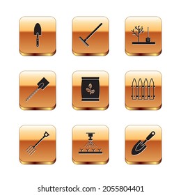 Set Garden trowel spade or shovel, pitchfork, Automatic irrigation sprinklers, Fertilizer bag, Planting tree the ground,  and rake icon. Vector