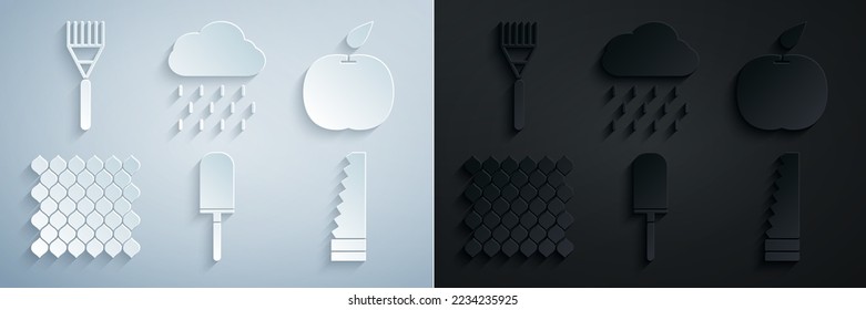 Set Garden trowel spade or shovel, Apple, fence wooden, saw, Cloud with rain and rake icon. Vector