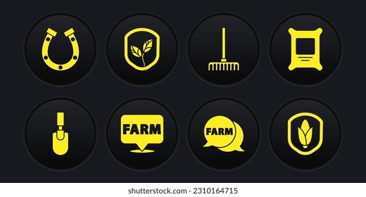 Set Garden trowel spade or shovel, Fertilizer bag, Location farm, Speech bubble with Farm, rake, Shield leaf, corn and Horseshoe icon. Vector