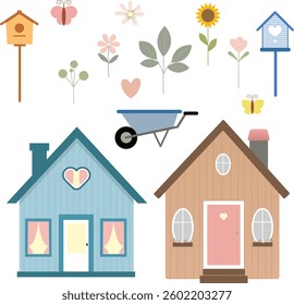 A set of garden vector houses with elements for a vegetable garden and flowers on a white background. Beautiful garden elements, birdhouses, flowers, garden wheelbarrow, houses on a transparent